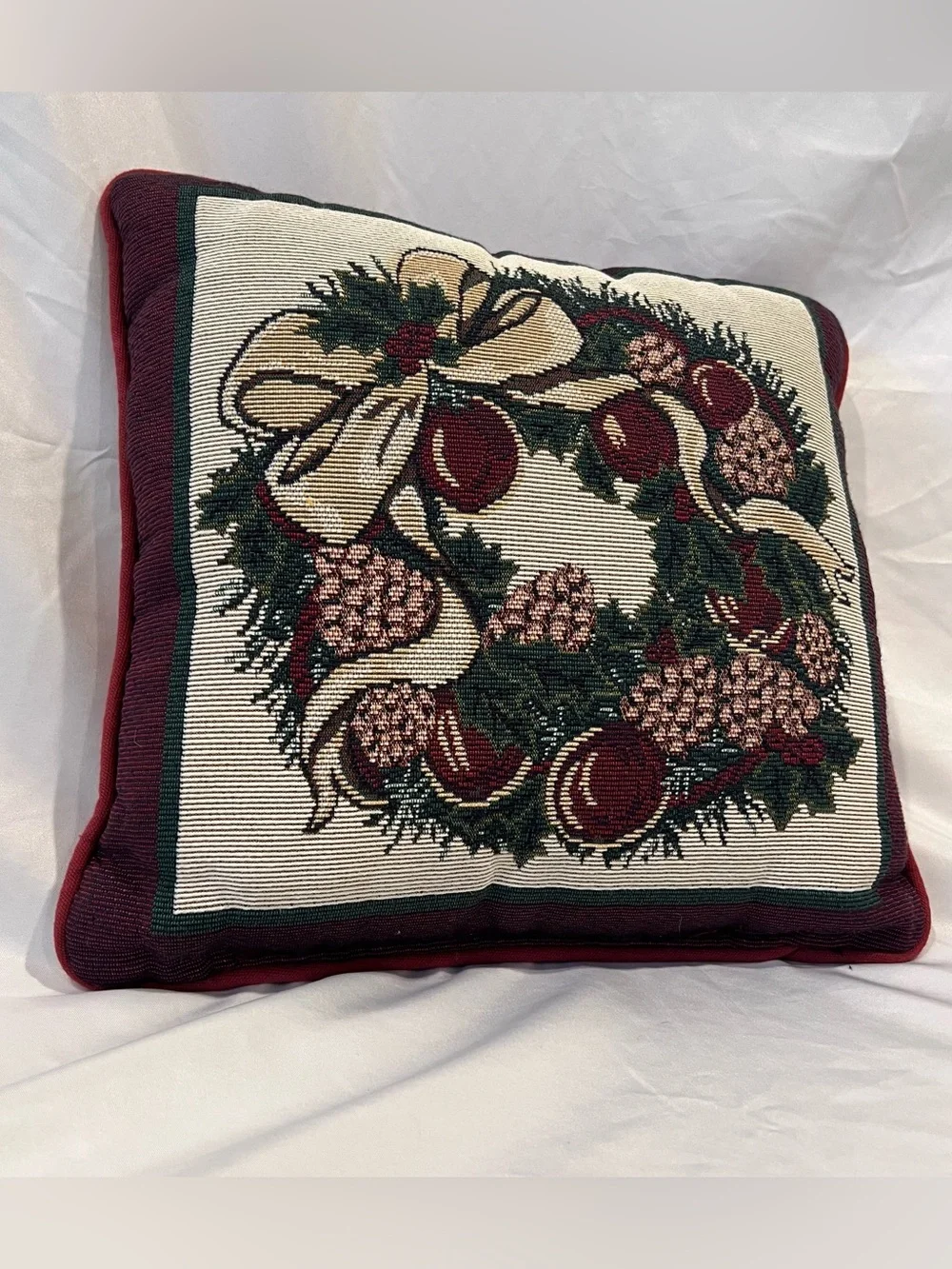 Christmas Tapestry Wreath Throw Pillow 12x12